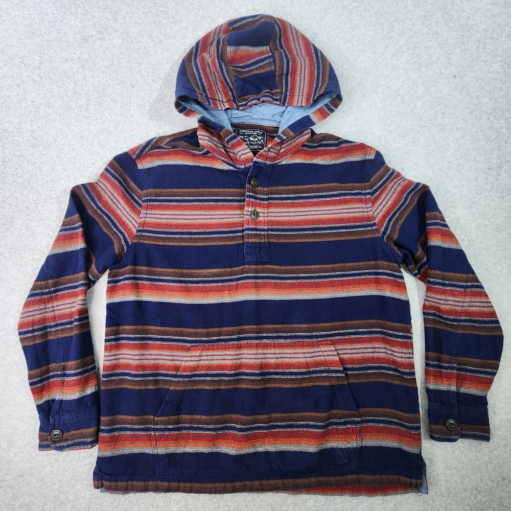 American Eagle Hoodie Mens Large Blue Red Striped Pullover Pocket Sweatshirt